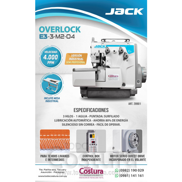 OVERLOCK (3 HILOS) JACK E3-3-M2-04 (MOTOR INCORPORADO)